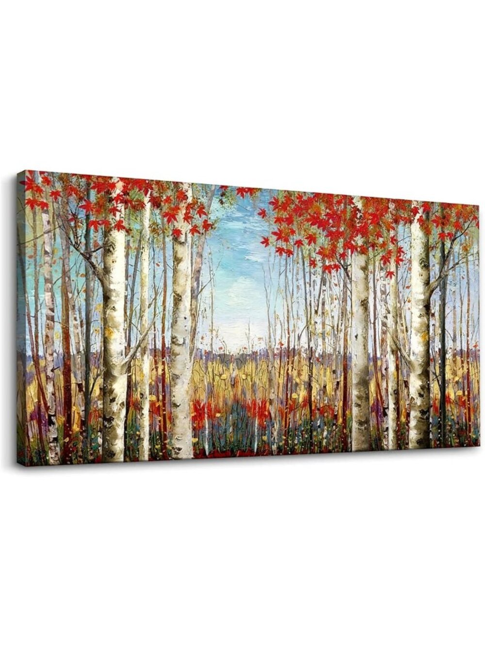 Vibrant Red Leaves Birch Tree Canvas Art | Large Landscape Wall Decor